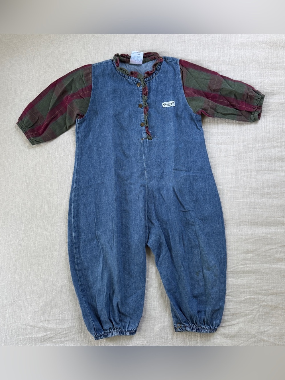 Vintage Guess Jeans 90s Baby Denim Plaid Sleeve One Piece Romper 24M